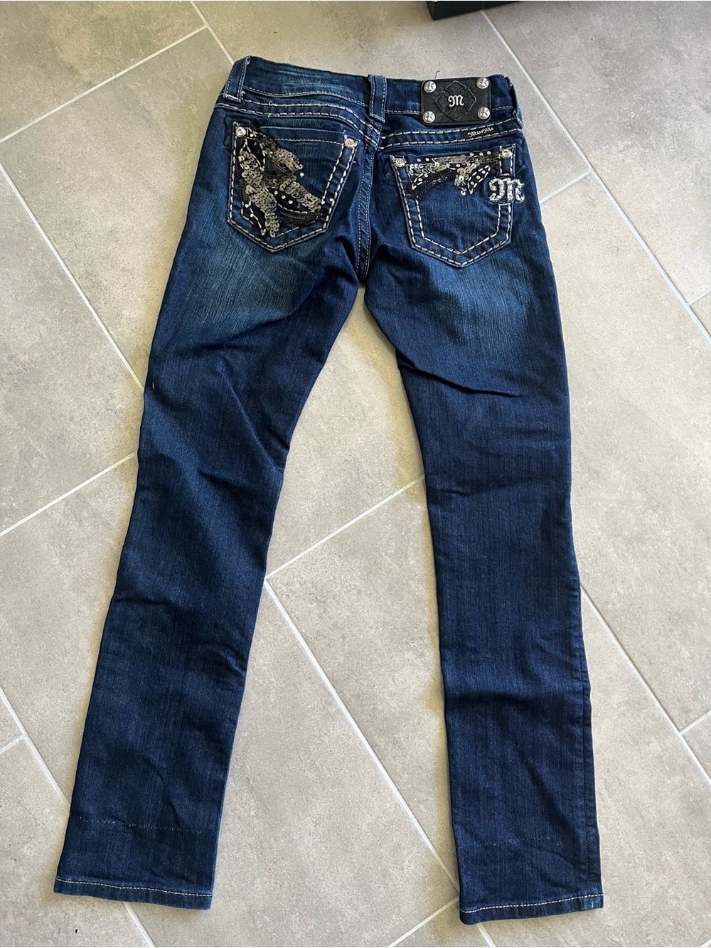 Miss Me Dark Blue Skinny Jeans with Sequin Embellished Pockets